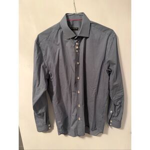 Masutto Men’s Button Up Long Sleeve Buttondown   Shirt Blue White dots Sz Large